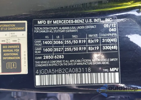 2012 Mercedes-Benz Ml 350 4Matic z USA, uszkodzony, nr VIN 4JGDA5HB2CA083118